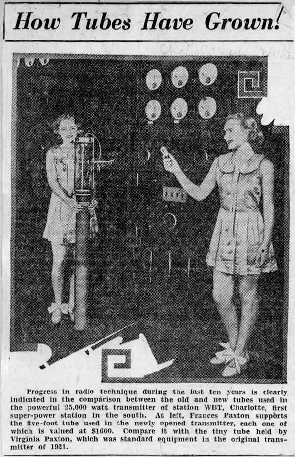 Progress in radio technique during the last ten years is clearly indicated in the comparison between the old and new tubes use in the powerful 25,000 watt transmitter of station WBT, Charlotte, first super-power station in the south.